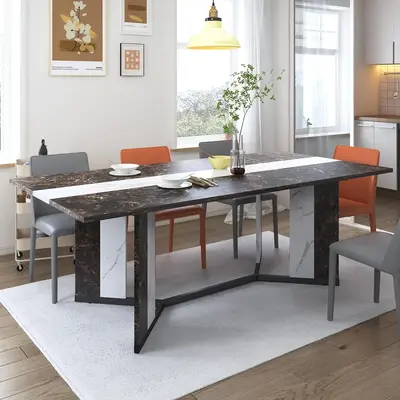 71 Large Luxurious Rectangular White Dining Table for 6 8 10 People w/Marble-Color Wood Tabletop,Metal Adjustable Leg.Moder...