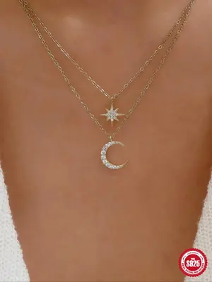 925 Sterling Silver Moon & Star Design Pendant Necklace, Double Layer Artificial Zircon Decor Necklace, Fashion Jewelry Acces...