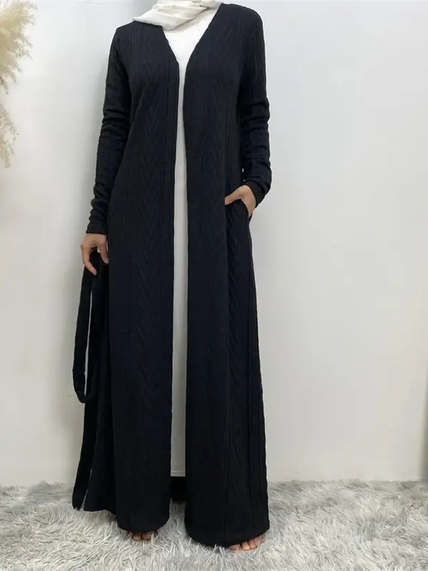 Women's Solid Long Sleeve Belted Abaya Without Hijab, Elegant Pocket Long Sleeve Open Front Outerwear, Fashion Muslim Clothin...