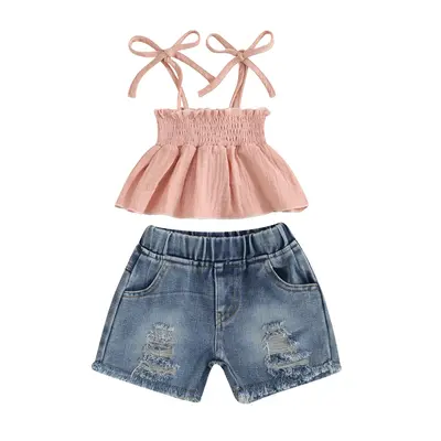 LAGKIYOJ Baby Toddler 12 18 24 Months 2T 3T 4T Girl Clothes Summer Ruffle Sleeveless Tops & Ripped Denim Shorts Set Kid Outfi...