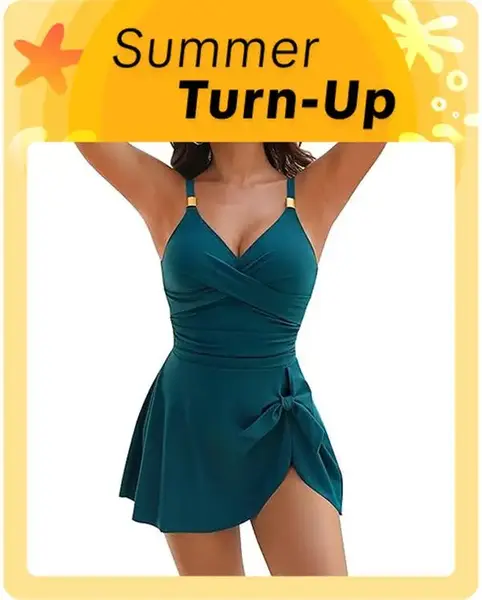Blooming Jelly Gold Metal Tie Knot One Piece Swimsuit Womens Tummy Control Swim Dress Tankini Outfit Summer Swimdress  #Septe...