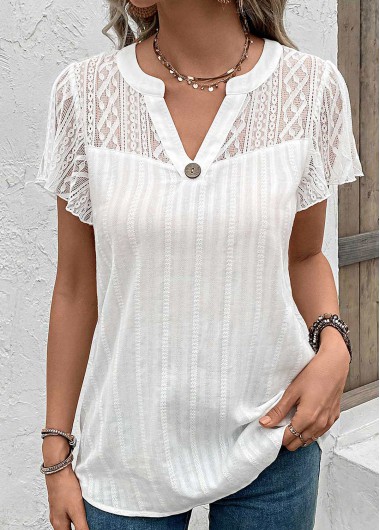 Modlily White Lace Short Sleeve Split Neck Blouse - XL