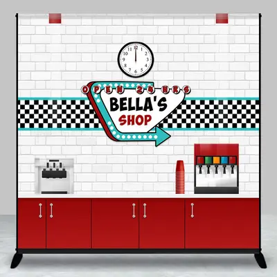 Aperturee Red White Bar Counter Clock Custom Name Shop Backdrop - Aperturee