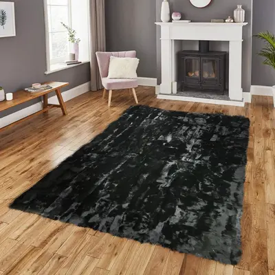 Bright Black Rabbit Fur Area Rug