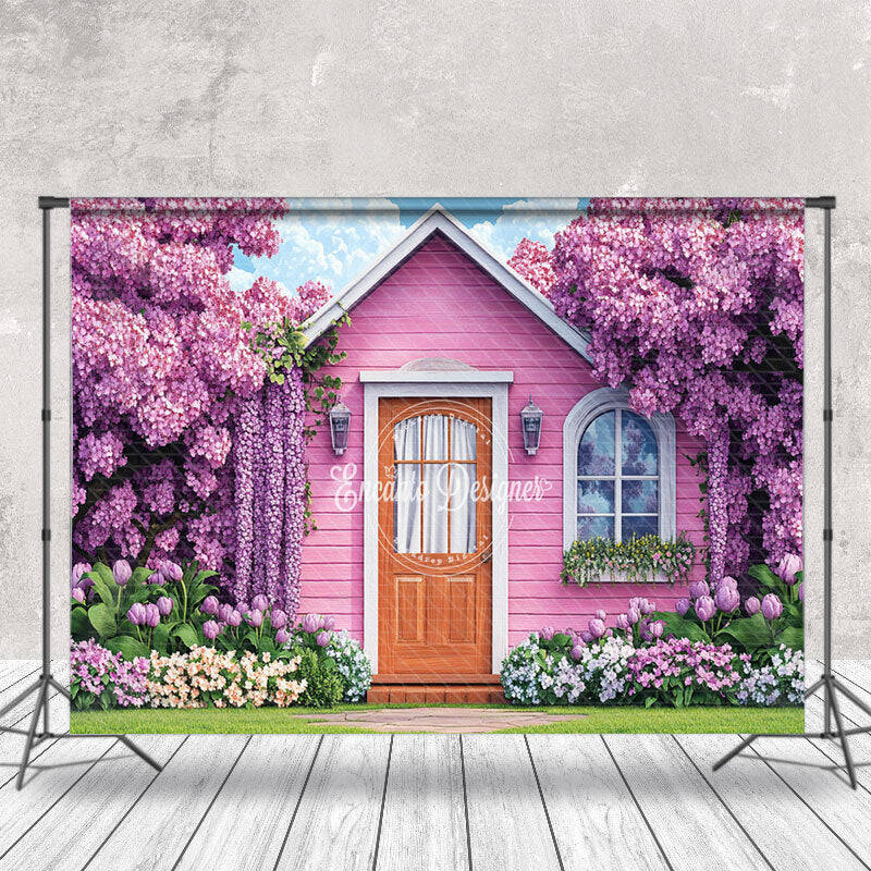 Pink Wood Garden House Dense Floral Spring Backdrop - Aperturee