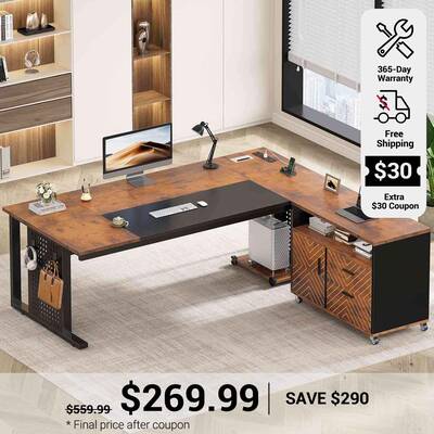 SEDETA ® 71 Inch L Shaped Computer Desk with Rolling File Cabinet Office Executive Desk with Storage Drawers Power Outlets P...