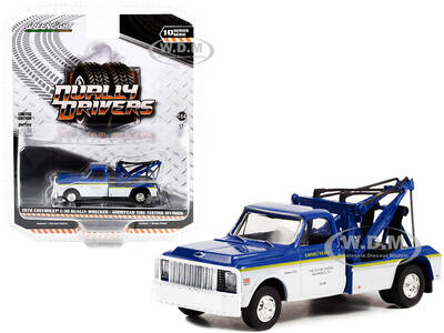 1972 Chevrolet C-30 Dually Wrecker Truck White and Blue with Yellow Stripes \