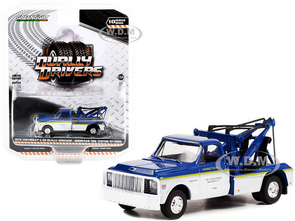 1972 Chevrolet C-30 Dually Wrecker Truck White and Blue with Yellow Stripes \