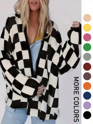 Plus Size Plaid Print Drop Shoulder Cardigan, Casual Knitting Fabric Long Sleeve Open Front Knitwear for Fall & Winter, Women...