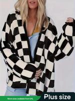 【Plus Size】 Plaid Print Drop Shoulder Cardigan, Soft Casual Baggy Loose Fit Long Sleeve Open Front Knit Fabric Knitwear f...
