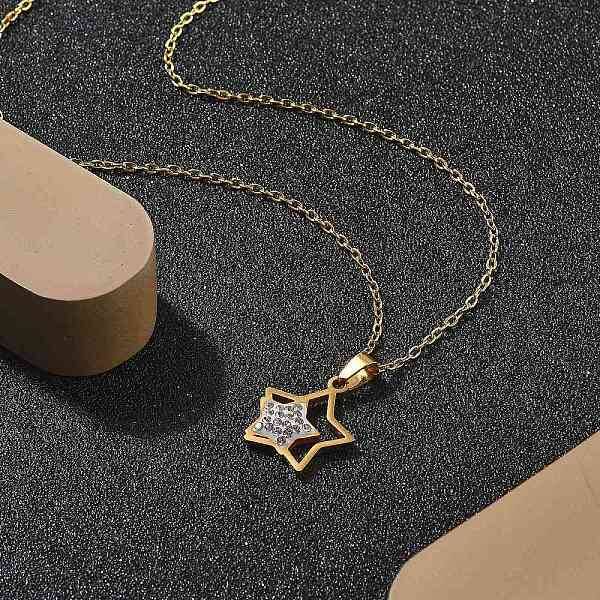 304 Stainless Steel Crystal Rhinestone Double Star Pendant Cable Chain Necklaces