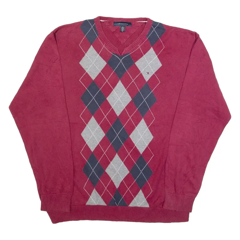 TOMMY HILFIGER Mens Jumper Red Diamond Tight Knit 2XL