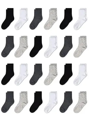 Kid's 24 Pairs Random Solid Crew Socks, Casual Comfy Breathable Mid Calf Socks for Daily Wear, Kid's Socks for All Seasons