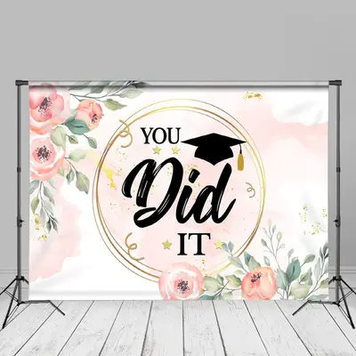 Pink Floral Leaves You Did It Grad Backdrop For Photo - Aperturee