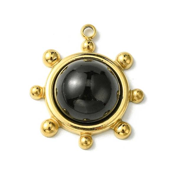Ion Plating(IP) 304 Stainless Steel Pave Natural Obsidian Pendants