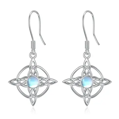 Sterling Silver Circular Shaped Moonstone Celtic Knot & Cross Drop Earrings