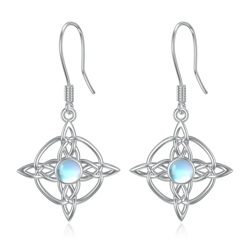 Sterling Silver Circular Shaped Moonstone Celtic Knot & Cross Drop Earrings
