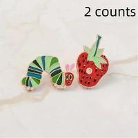 Caterpillar & Strawberry Design Metal Brooch (2 Counts), Cute Cartoon Badge for Clothes Backpack Hat, Enamel Pin Suitable for...