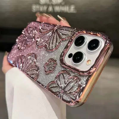 Glitter Hollow Out Design Phone Case, 1 Count Flower Pattern Anti-drop Phone Protector Cover, Phone Accessories Compatible w...