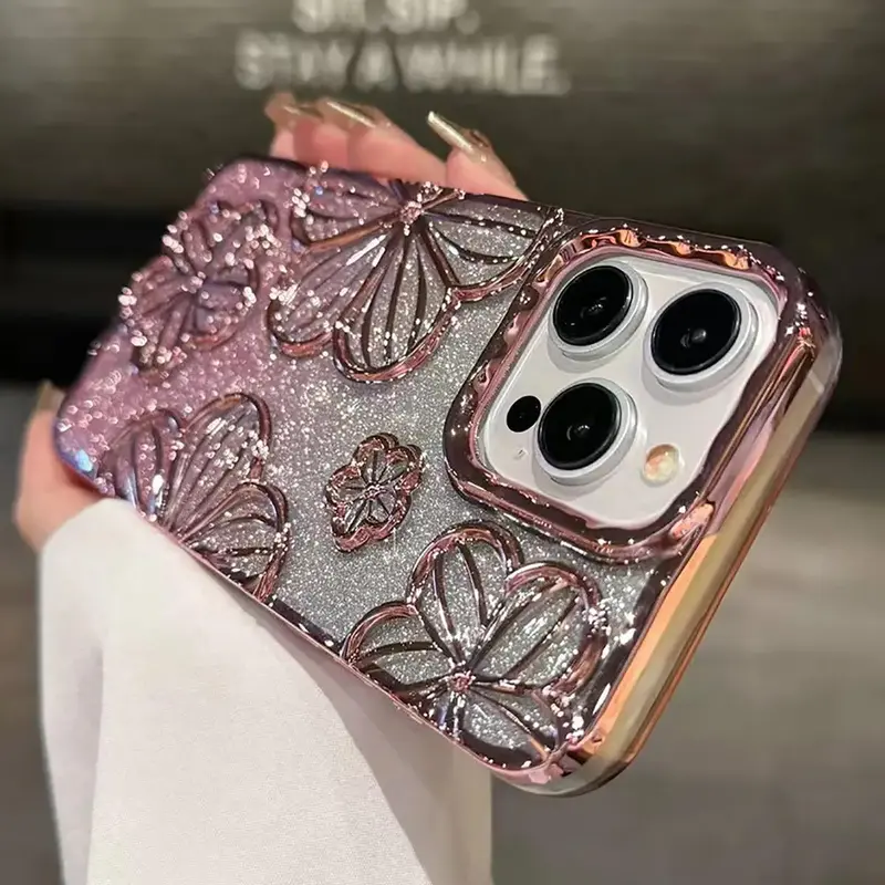 Glitter Hollow Out Design Phone Case, 1 Count Flower Pattern Anti-drop Phone Protector Cover, Phone Accessories Compatible w...