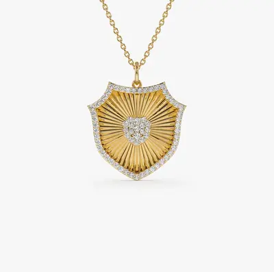 14K Gold Lab Created Diamond Shield Medallion Pendant