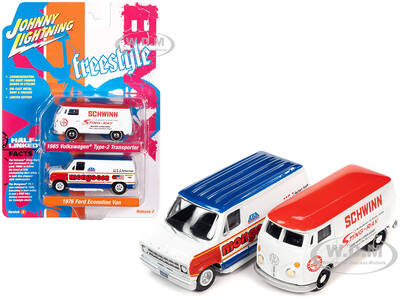 1965 Volkswagen Type 2 Transporter Van White w/ Red Top Schwinn & 1976 Ford Econoline Van White with Red & Blue Graphics Mong...