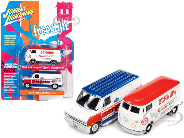 1965 Volkswagen Type 2 Transporter Van White w/ Red Top Schwinn & 1976 Ford Econoline Van White with Red & Blue Graphics Mong...