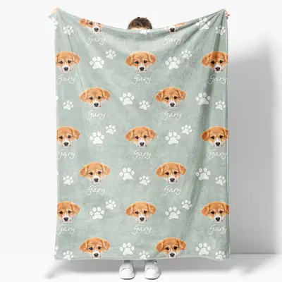 Custom Name Funny Cute Paw Patterns Pet Head Blanket - Aperturee