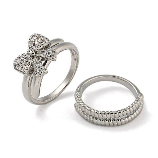 Bowknot Brass Micro Pave Clear Cubic Zirconia Double Rings