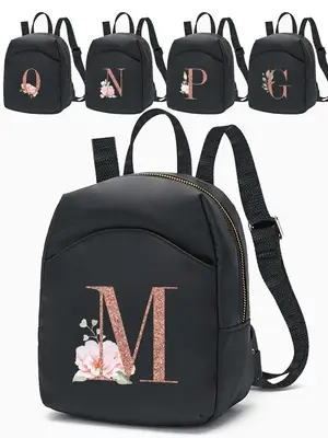 Floral & Initial Pattern Backpack, Fashionable Zipper Backpack for Women & Girls, Casual Trendy Versatile High-quality Daily ...