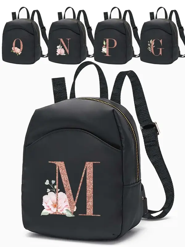 Floral & Initial Pattern Backpack, Fashionable Zipper Backpack for Women & Girls, Casual Trendy Versatile High-quality Daily ...