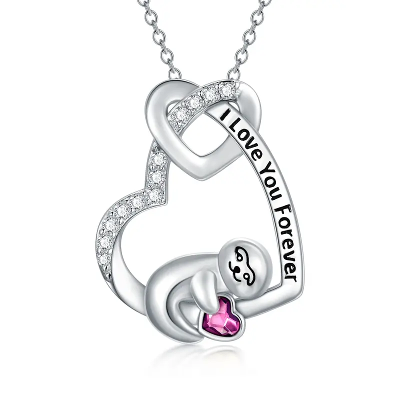 Sterling Silver Crystal Sloth Heart Pendant Engraving Birthstone Necklace For Women