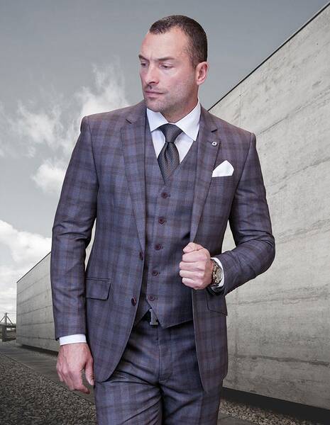 Statement Men's 100% Wool Fashion Suit - Dark Plaid 3-Piece