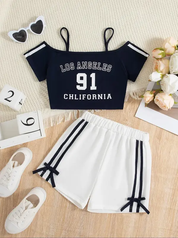 Girl's Letter Print Crop Top & Bow Decor Shorts Two-Piece Set, Casual Top & Shorts for Daily Wear, Kids Summer Outfit