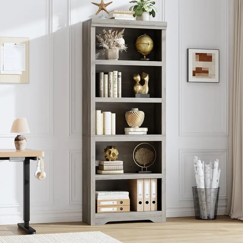 Garvee 5 Tier Bookshelf, 69 Tall Farmhouse Bookcase with Adjustable Shelves, 23.6 W Floor Standing Open Display Storage Rac...