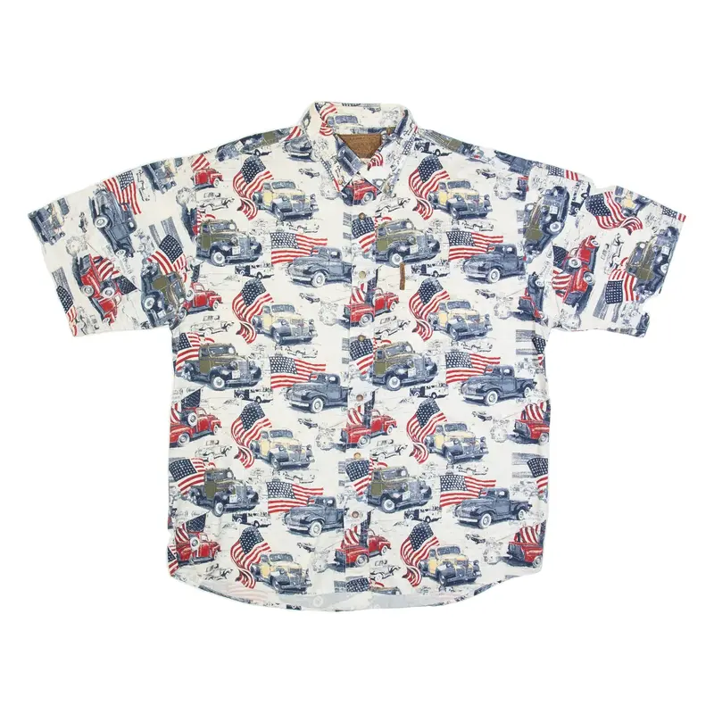 CLEARWATER USA Car Print Mens Shirt White 90s Crazy Pattern L