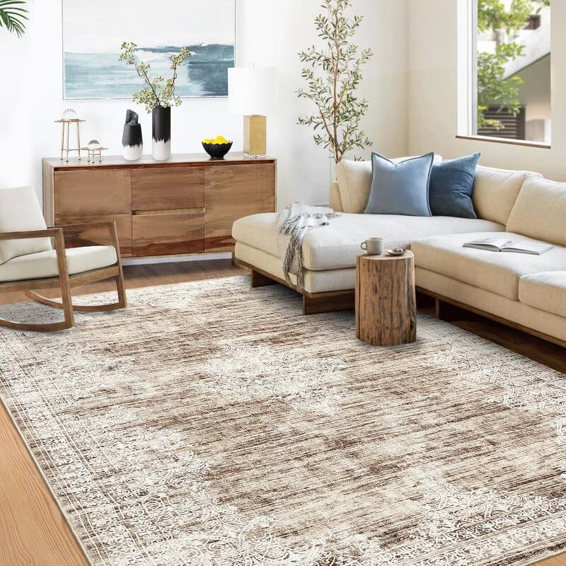 Garvee Vintage Living Room Area Rug 5x7 - Machine Washable, Non-Slip TPR Backing - Soft Faux Wool, Stain-Resistant - Light Br...