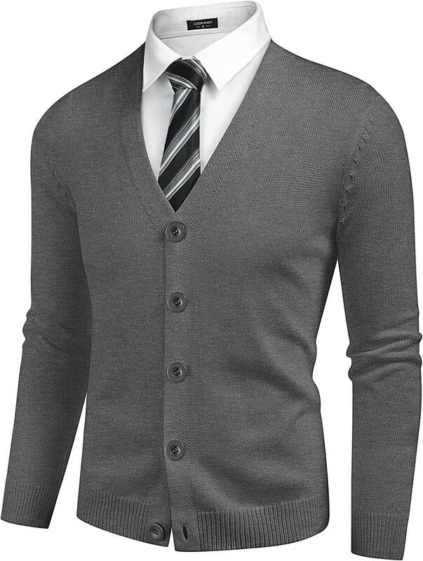 V Neck Lightweight Button Down Knitted Sweater (US Only), Dark Grey / XXL