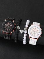 Simple Round Dial Quartz Watch & Heart Charm Beaded Bracelet Set, 4pcs Fashion Watch Set for Party, Daily Clothing Decor, Tre...