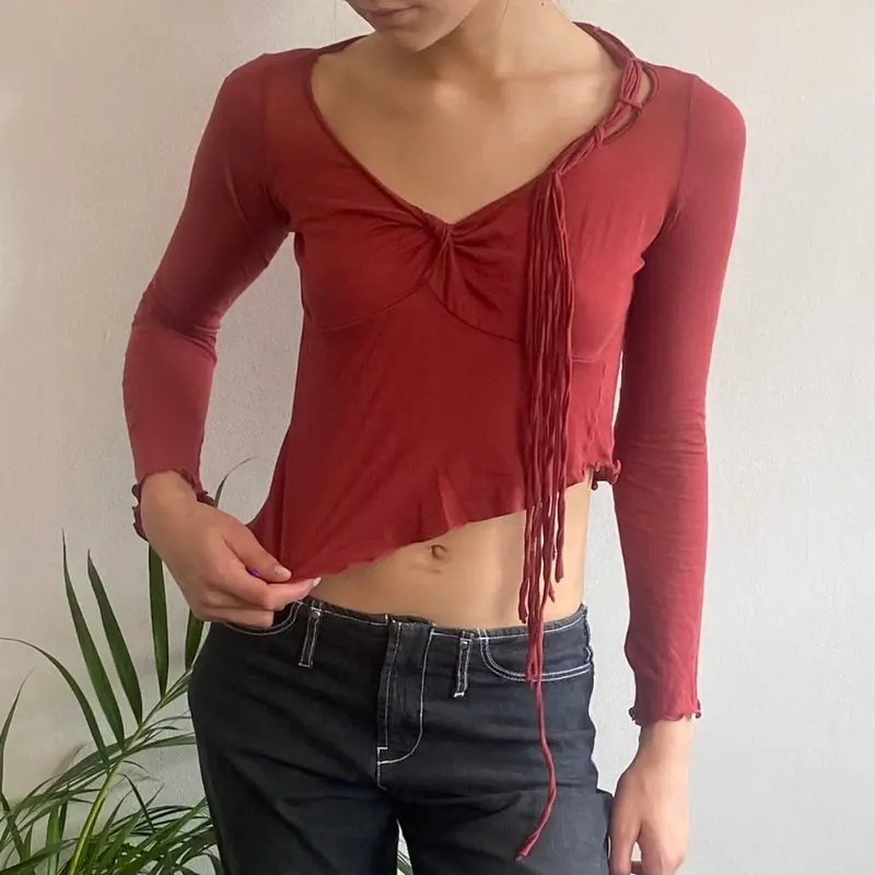 Toy G. Cropped Long Sleeve Top - Small Red Cotton