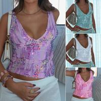 Women Sequin Tank Tops,Sparkly Deep V Neck Sleeveless Open Back Crop Vest, Casual Summer Streetwear, Ladies Top for Indoor Ou...
