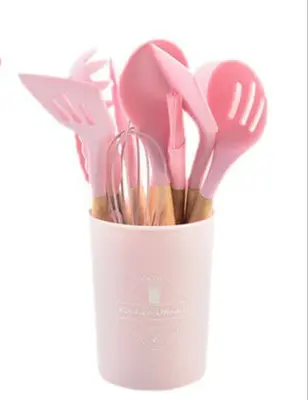 Wooden Handle Silicone 12-piece Cooking Non-stick Cooker Silicone Kitchenware | Color: 12piece set 700g pink