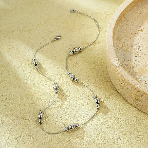 304 Stainless Steel Round Beads Link Chain Necklaces for Women