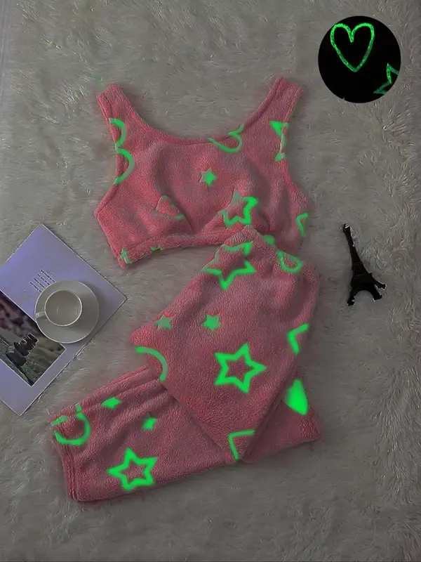 Women's Glow in The Dark Heart & Star Flannel Pajama Set, Fluffy Pajamas, Tank Top & Elastic Waist Pants Pjs Set, Women's Sl...