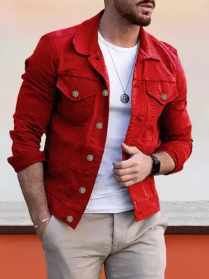 Coofandy Casual Button Denim Jacket, Red / M