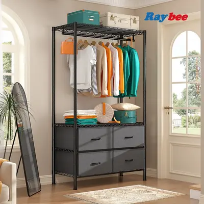 RaybeeFurniture Heavy Duty Clothes Racks for Hanging Clothes, Adjustable Metal Wire Garment Rack with 4 Fabric Drawers, Porta...