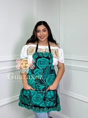 Mexican Embroidered Flowers Apron - Floral Design, Adjustable Straps, Ideal for Cooking and Crafting