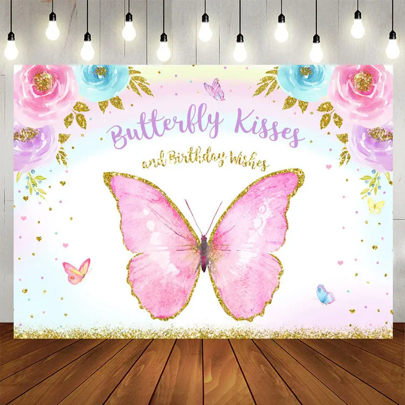 Aperturee Pink Floral Butterfly Birthday Party Backdrop
