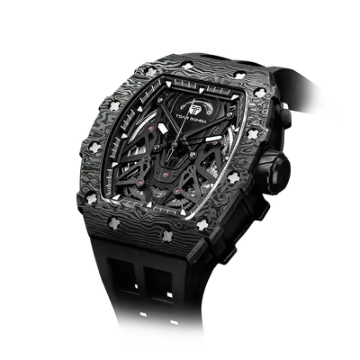 TSAR BOMBA Men's Luxury Automatic Watch | Black | Carbon Fiber Bezel | Skeleton Mechanical Dial | 5ATM Waterproof Luxury Tonn...
