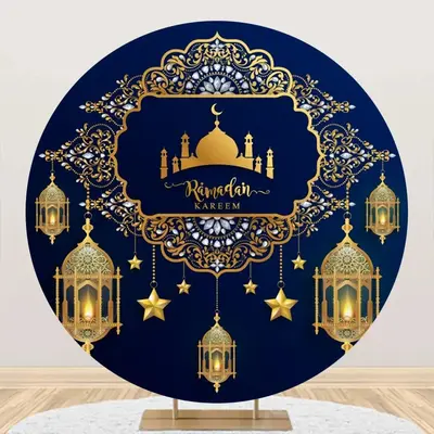 Gold Islamic Castle Blue Round Eid Mubarak Backdrop - Aperturee
